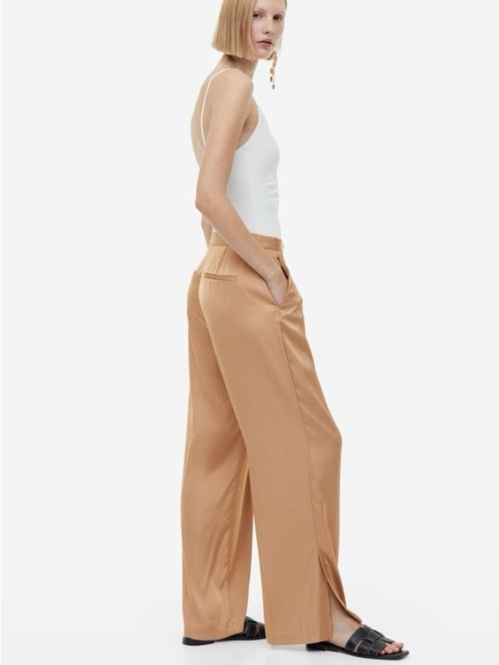 Tan Wide-leg Satin Pants